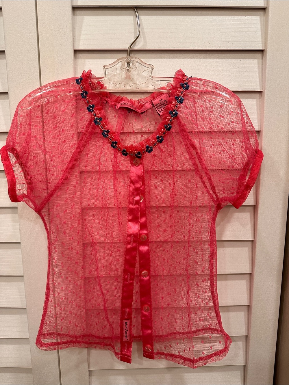 Kids vintage Betsey Johnson Sheer with tank Hot Pink Dot Mesh Blouse 6X girls - Picture 6 of 6